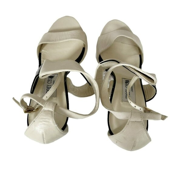 Jimmy Choo Trapeze Pleated Asymmetrical Off White Black Patent Leather Sandals - Picture 3 of 12